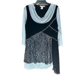 Feratelli Top Women’s Lg Tunic Black White Asymmetrical Pullover Artsy Layered